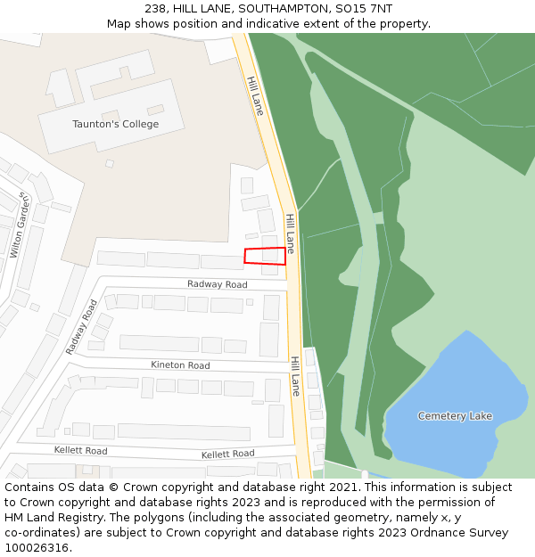 238, HILL LANE, SOUTHAMPTON, SO15 7NT: Location map and indicative extent of plot