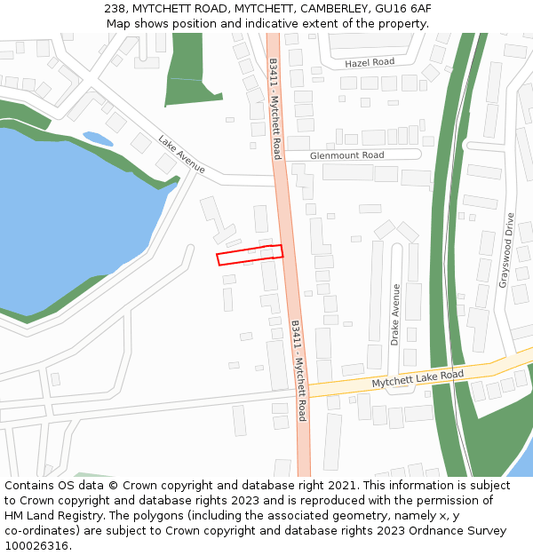 238, MYTCHETT ROAD, MYTCHETT, CAMBERLEY, GU16 6AF: Location map and indicative extent of plot