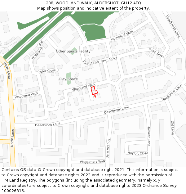 238, WOODLAND WALK, ALDERSHOT, GU12 4FQ: Location map and indicative extent of plot