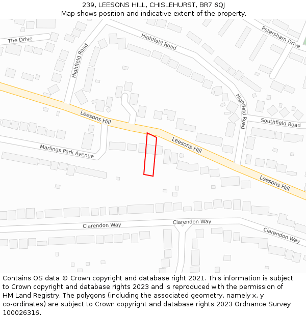 239, LEESONS HILL, CHISLEHURST, BR7 6QJ: Location map and indicative extent of plot