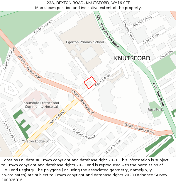 23A, BEXTON ROAD, KNUTSFORD, WA16 0EE: Location map and indicative extent of plot