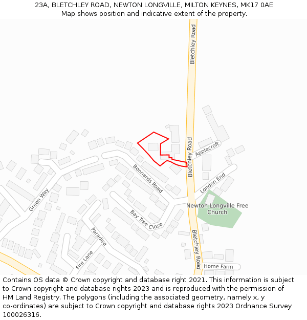 23A, BLETCHLEY ROAD, NEWTON LONGVILLE, MILTON KEYNES, MK17 0AE: Location map and indicative extent of plot