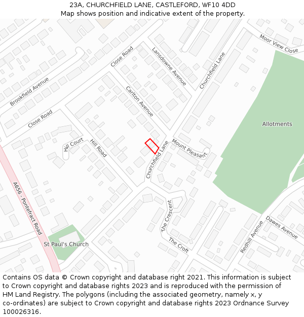 23A, CHURCHFIELD LANE, CASTLEFORD, WF10 4DD: Location map and indicative extent of plot