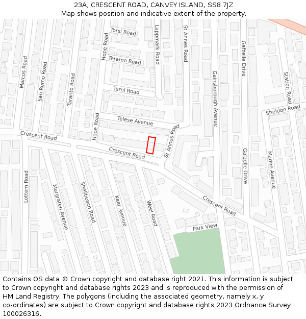 23A, CRESCENT ROAD, CANVEY ISLAND, SS8 7JZ: Location map and indicative extent of plot