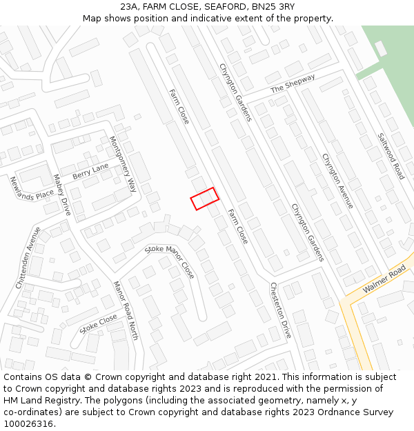 23A, FARM CLOSE, SEAFORD, BN25 3RY: Location map and indicative extent of plot