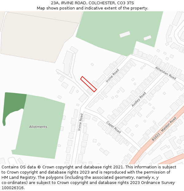 23A, IRVINE ROAD, COLCHESTER, CO3 3TS: Location map and indicative extent of plot