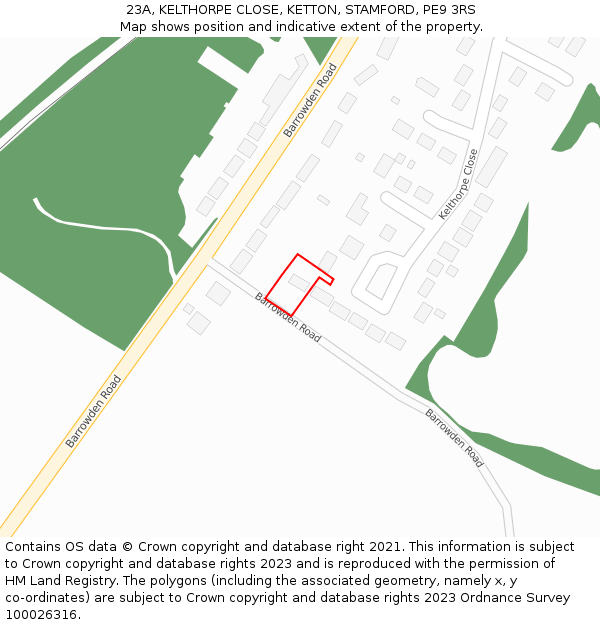 23A, KELTHORPE CLOSE, KETTON, STAMFORD, PE9 3RS: Location map and indicative extent of plot