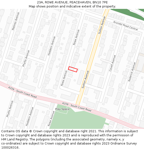 23A, ROWE AVENUE, PEACEHAVEN, BN10 7PE: Location map and indicative extent of plot