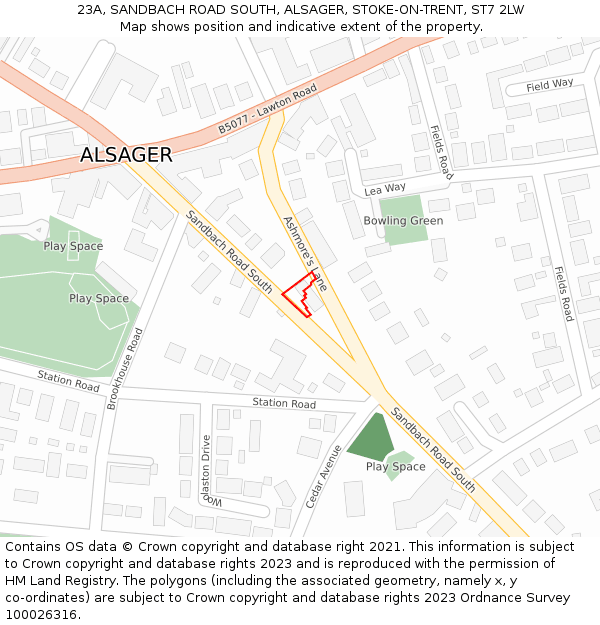 23A, SANDBACH ROAD SOUTH, ALSAGER, STOKE-ON-TRENT, ST7 2LW: Location map and indicative extent of plot