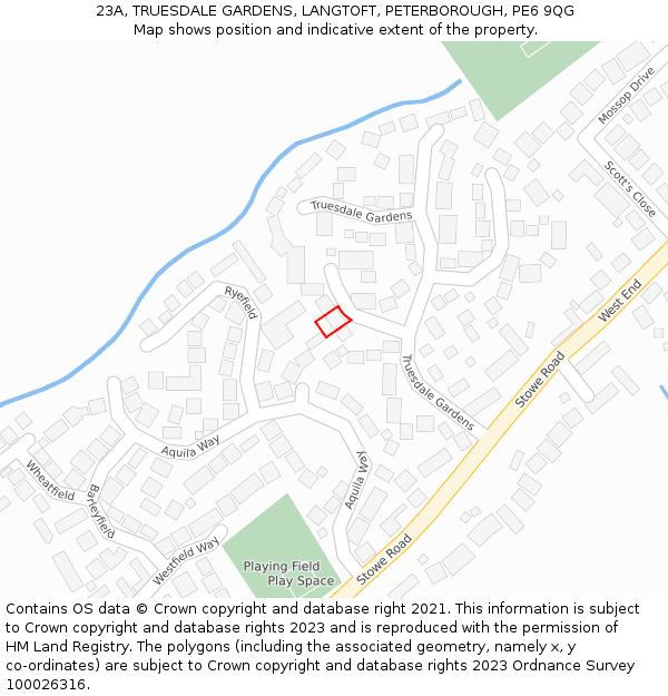 23A, TRUESDALE GARDENS, LANGTOFT, PETERBOROUGH, PE6 9QG: Location map and indicative extent of plot