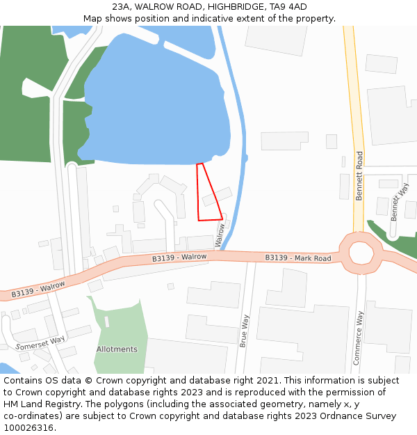 23A, WALROW ROAD, HIGHBRIDGE, TA9 4AD: Location map and indicative extent of plot