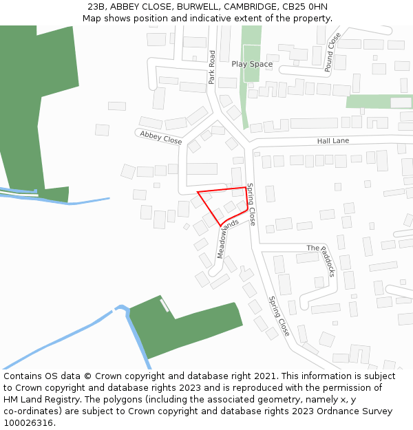 23B, ABBEY CLOSE, BURWELL, CAMBRIDGE, CB25 0HN: Location map and indicative extent of plot