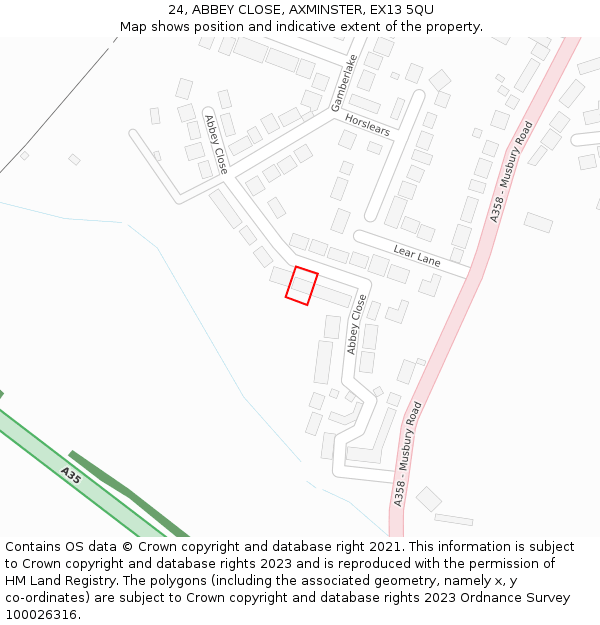 24, ABBEY CLOSE, AXMINSTER, EX13 5QU: Location map and indicative extent of plot