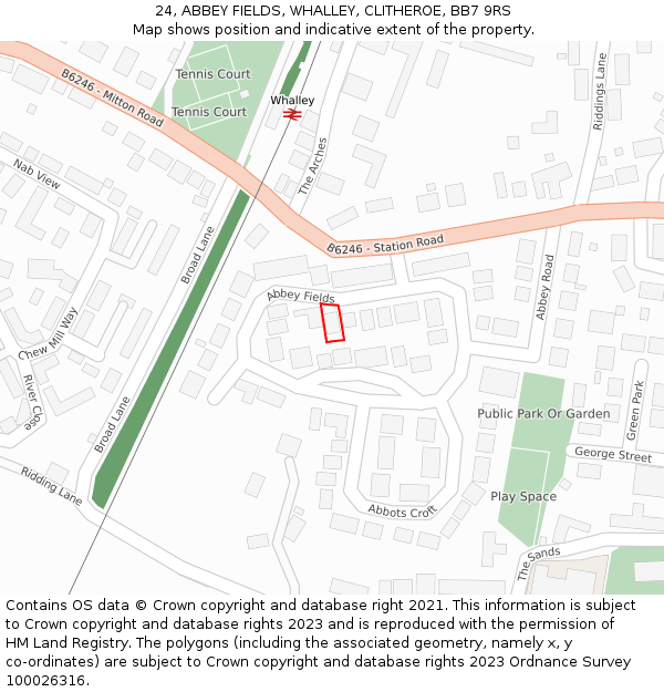 24, ABBEY FIELDS, WHALLEY, CLITHEROE, BB7 9RS: Location map and indicative extent of plot