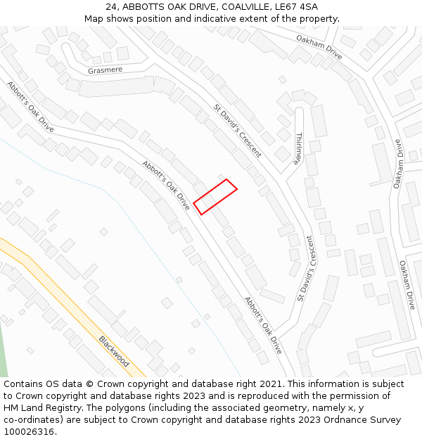 24, ABBOTTS OAK DRIVE, COALVILLE, LE67 4SA: Location map and indicative extent of plot