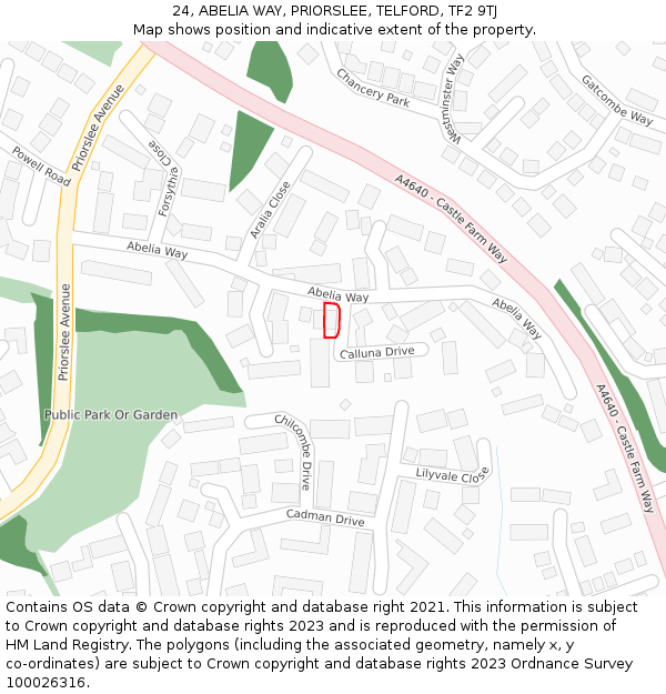 24, ABELIA WAY, PRIORSLEE, TELFORD, TF2 9TJ: Location map and indicative extent of plot