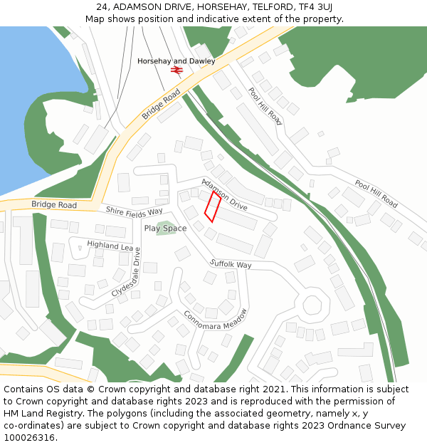 24, ADAMSON DRIVE, HORSEHAY, TELFORD, TF4 3UJ: Location map and indicative extent of plot