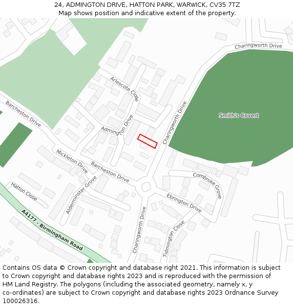 24, ADMINGTON DRIVE, HATTON PARK, WARWICK, CV35 7TZ: Location map and indicative extent of plot