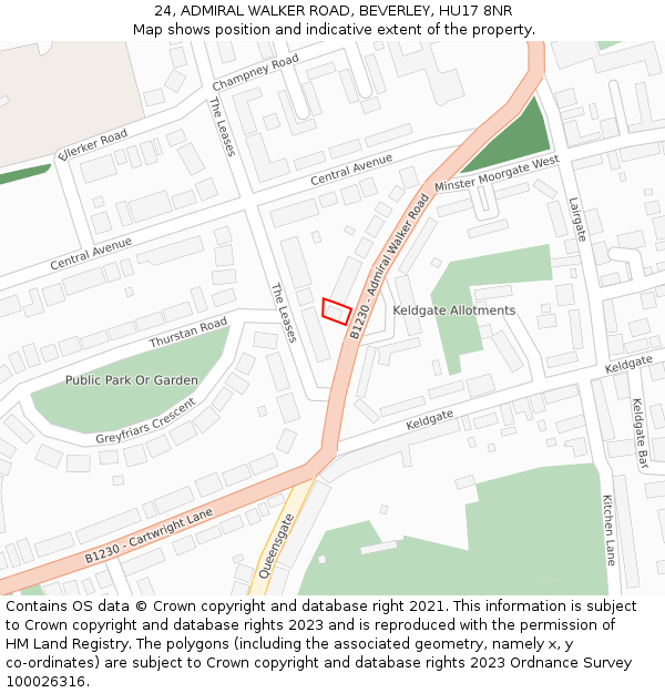 24, ADMIRAL WALKER ROAD, BEVERLEY, HU17 8NR: Location map and indicative extent of plot