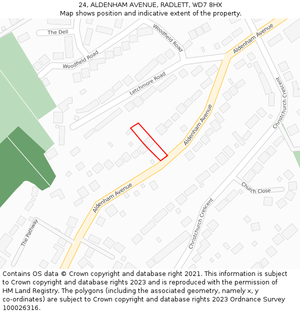 24, ALDENHAM AVENUE, RADLETT, WD7 8HX: Location map and indicative extent of plot