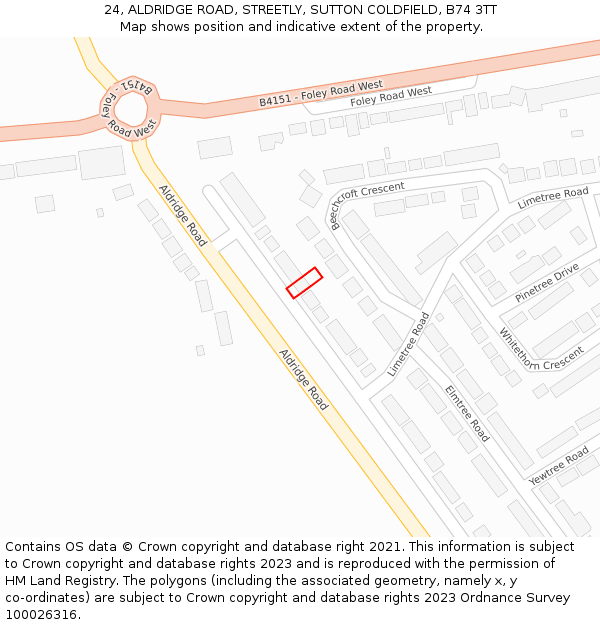 24, ALDRIDGE ROAD, STREETLY, SUTTON COLDFIELD, B74 3TT: Location map and indicative extent of plot