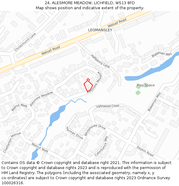 24, ALESMORE MEADOW, LICHFIELD, WS13 8FD: Location map and indicative extent of plot