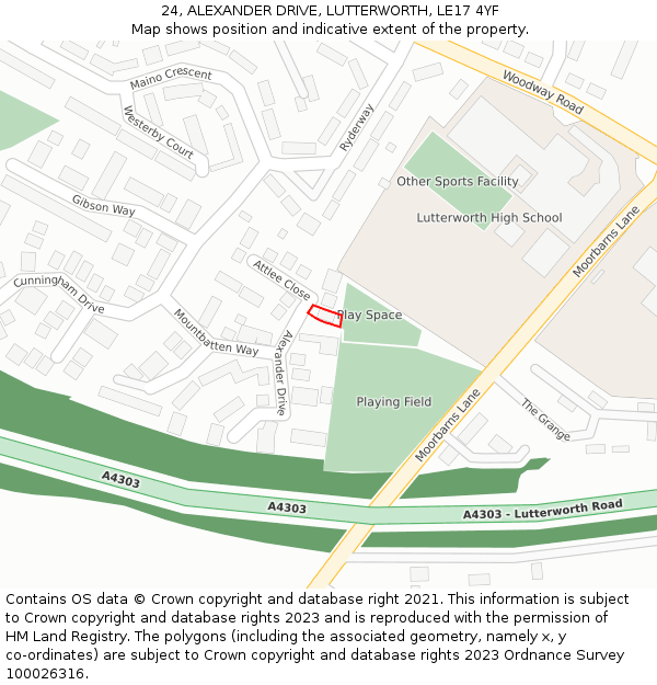 24, ALEXANDER DRIVE, LUTTERWORTH, LE17 4YF: Location map and indicative extent of plot