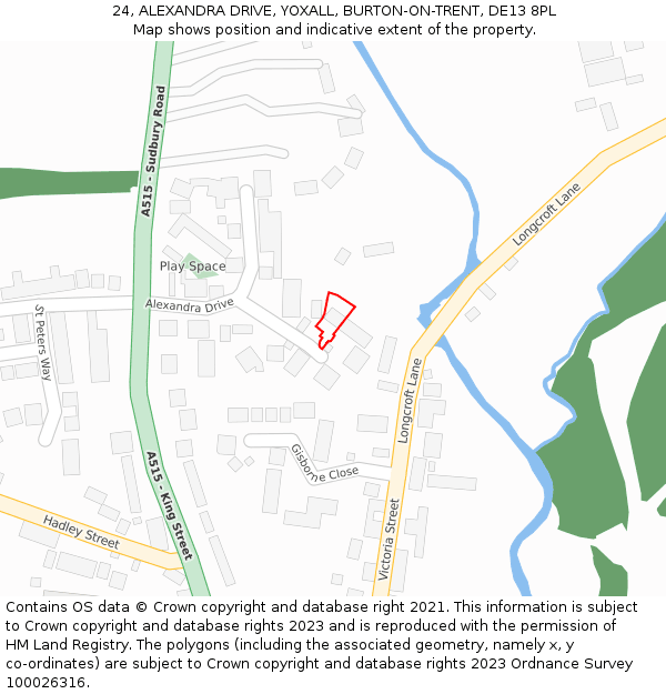 24, ALEXANDRA DRIVE, YOXALL, BURTON-ON-TRENT, DE13 8PL: Location map and indicative extent of plot