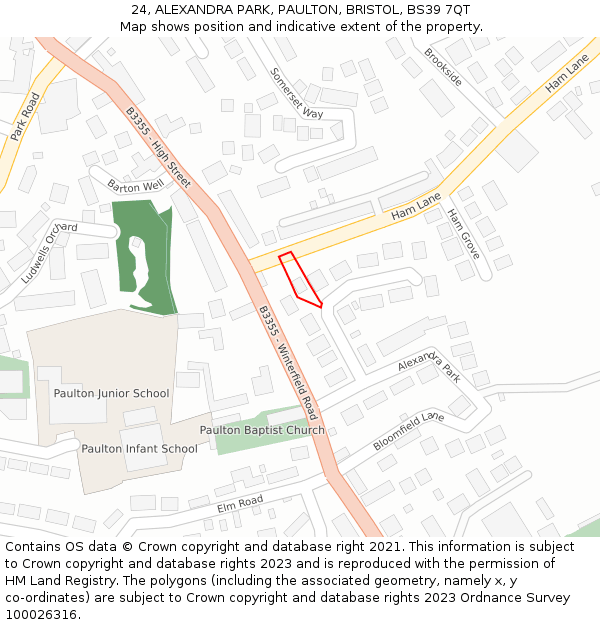 24, ALEXANDRA PARK, PAULTON, BRISTOL, BS39 7QT: Location map and indicative extent of plot