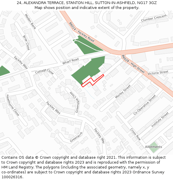 24, ALEXANDRA TERRACE, STANTON HILL, SUTTON-IN-ASHFIELD, NG17 3GZ: Location map and indicative extent of plot