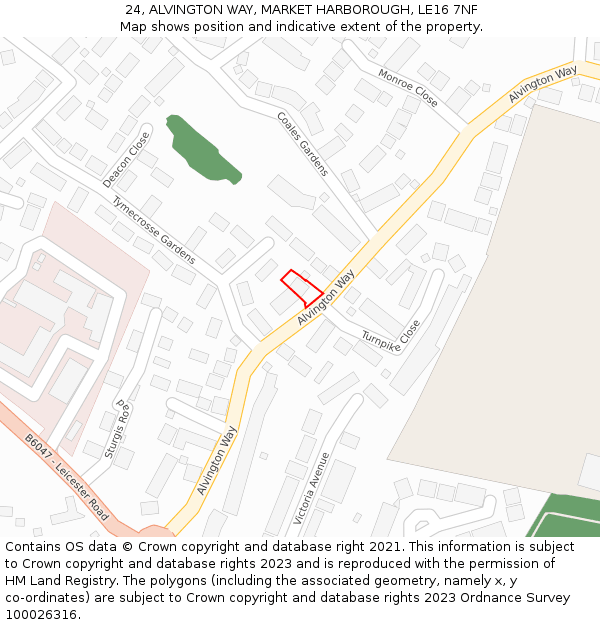 24, ALVINGTON WAY, MARKET HARBOROUGH, LE16 7NF: Location map and indicative extent of plot