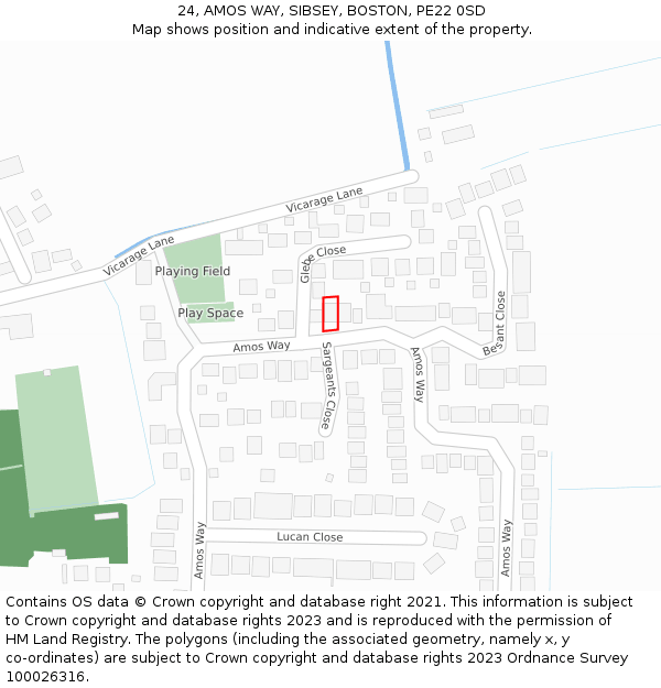 24, AMOS WAY, SIBSEY, BOSTON, PE22 0SD: Location map and indicative extent of plot