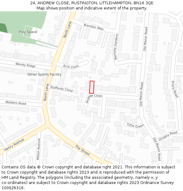 24, ANDREW CLOSE, RUSTINGTON, LITTLEHAMPTON, BN16 3QE: Location map and indicative extent of plot