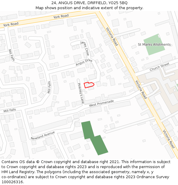 24, ANGUS DRIVE, DRIFFIELD, YO25 5BQ: Location map and indicative extent of plot