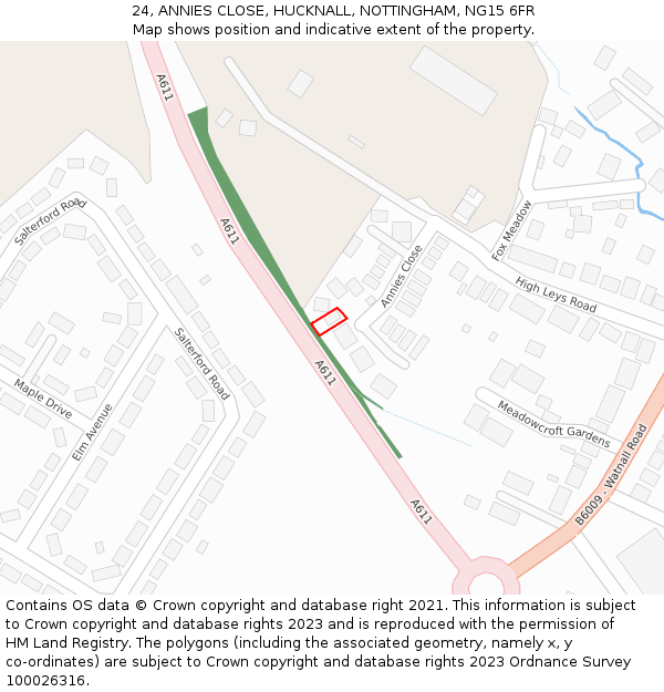 24, ANNIES CLOSE, HUCKNALL, NOTTINGHAM, NG15 6FR: Location map and indicative extent of plot