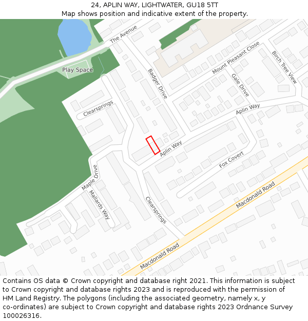 24, APLIN WAY, LIGHTWATER, GU18 5TT: Location map and indicative extent of plot