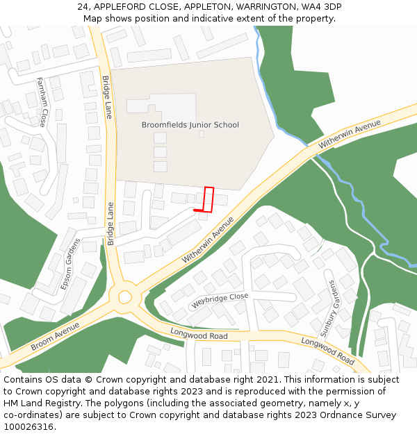 24, APPLEFORD CLOSE, APPLETON, WARRINGTON, WA4 3DP: Location map and indicative extent of plot