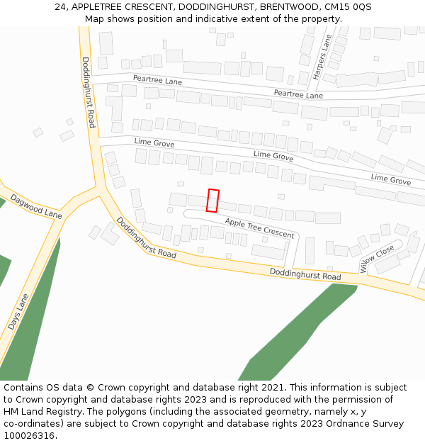 24, APPLETREE CRESCENT, DODDINGHURST, BRENTWOOD, CM15 0QS: Location map and indicative extent of plot