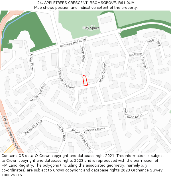 24, APPLETREES CRESCENT, BROMSGROVE, B61 0UA: Location map and indicative extent of plot