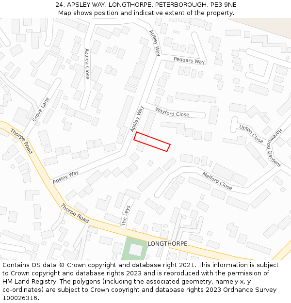 24, APSLEY WAY, LONGTHORPE, PETERBOROUGH, PE3 9NE: Location map and indicative extent of plot