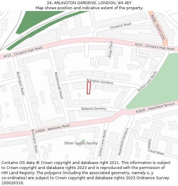 24, ARLINGTON GARDENS, LONDON, W4 4EY: Location map and indicative extent of plot