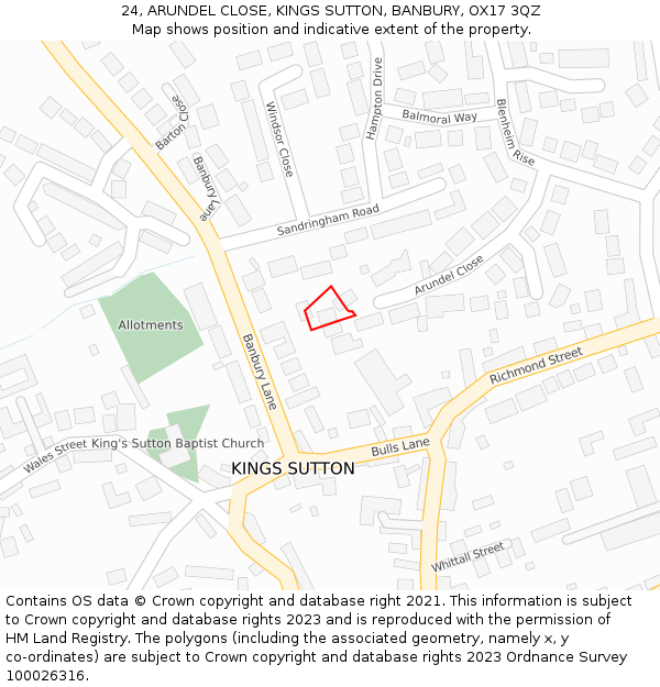 24, ARUNDEL CLOSE, KINGS SUTTON, BANBURY, OX17 3QZ: Location map and indicative extent of plot