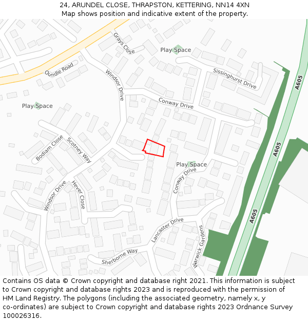 24, ARUNDEL CLOSE, THRAPSTON, KETTERING, NN14 4XN: Location map and indicative extent of plot