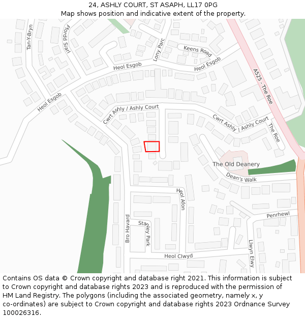 24, ASHLY COURT, ST ASAPH, LL17 0PG: Location map and indicative extent of plot