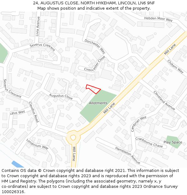 24, AUGUSTUS CLOSE, NORTH HYKEHAM, LINCOLN, LN6 9NF: Location map and indicative extent of plot