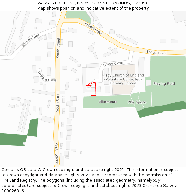 24, AYLMER CLOSE, RISBY, BURY ST EDMUNDS, IP28 6RT: Location map and indicative extent of plot