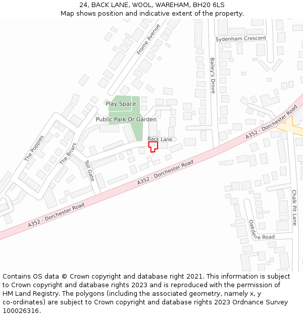 24, BACK LANE, WOOL, WAREHAM, BH20 6LS: Location map and indicative extent of plot