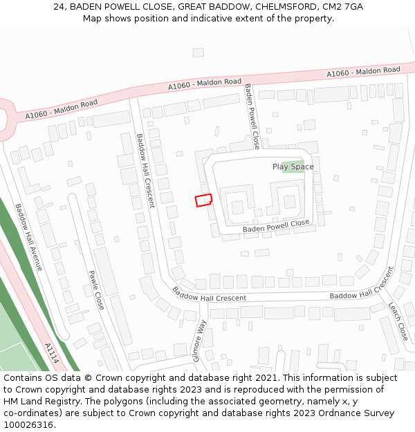 24, BADEN POWELL CLOSE, GREAT BADDOW, CHELMSFORD, CM2 7GA: Location map and indicative extent of plot