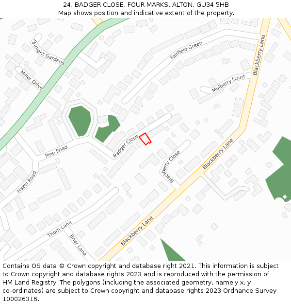 24, BADGER CLOSE, FOUR MARKS, ALTON, GU34 5HB: Location map and indicative extent of plot