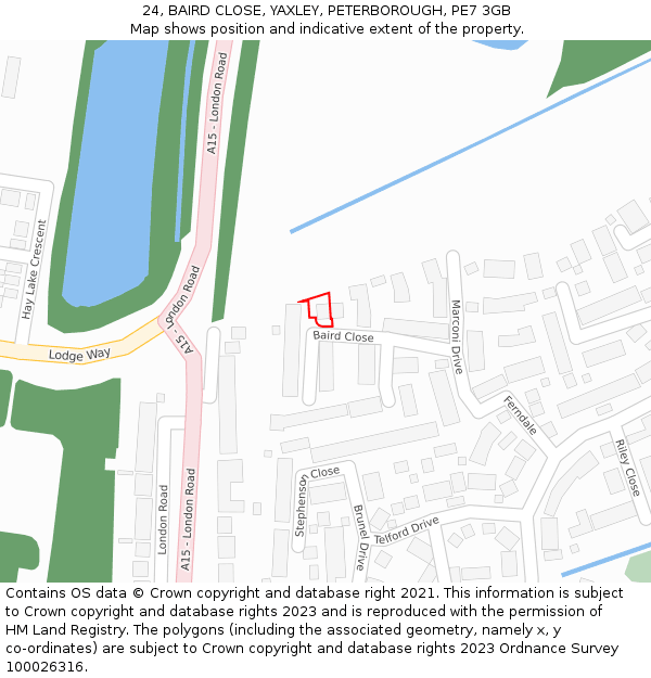 24, BAIRD CLOSE, YAXLEY, PETERBOROUGH, PE7 3GB: Location map and indicative extent of plot